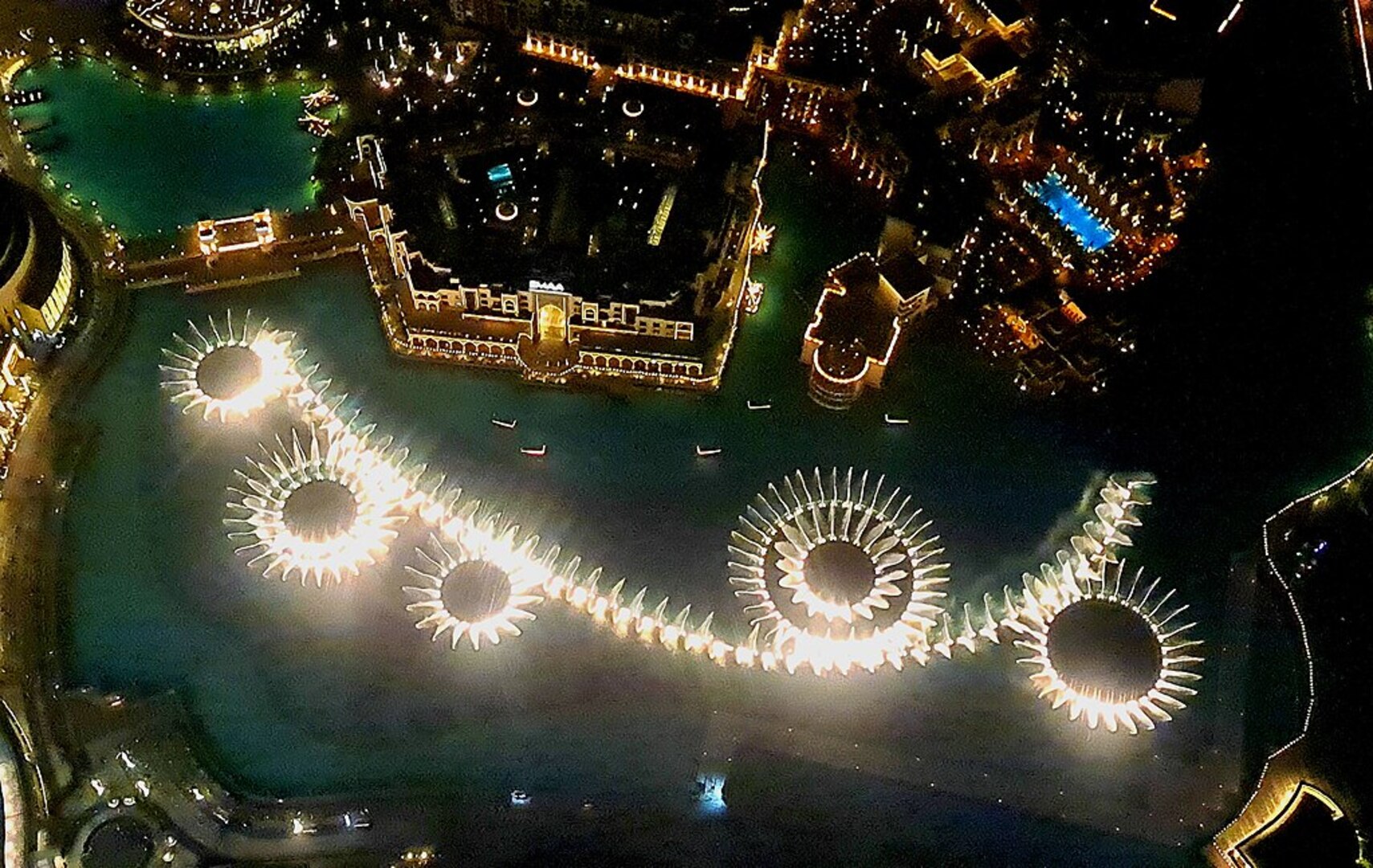 Dubai Fountain show viewed from Burj Khalifa at night